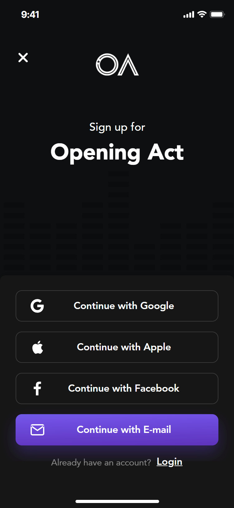 Opening Act app: sign up