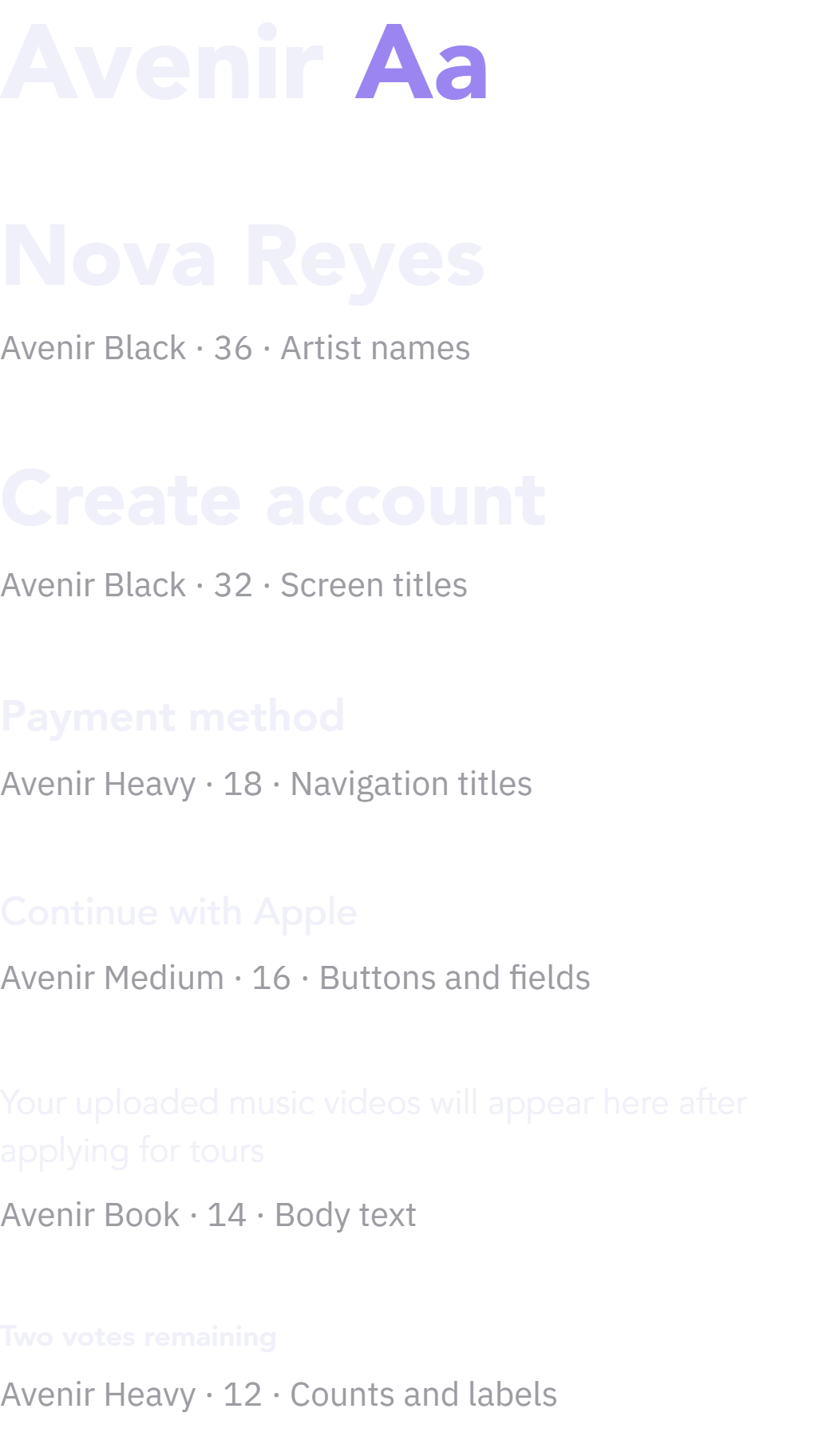 Avenir type scale of the Opening Act app