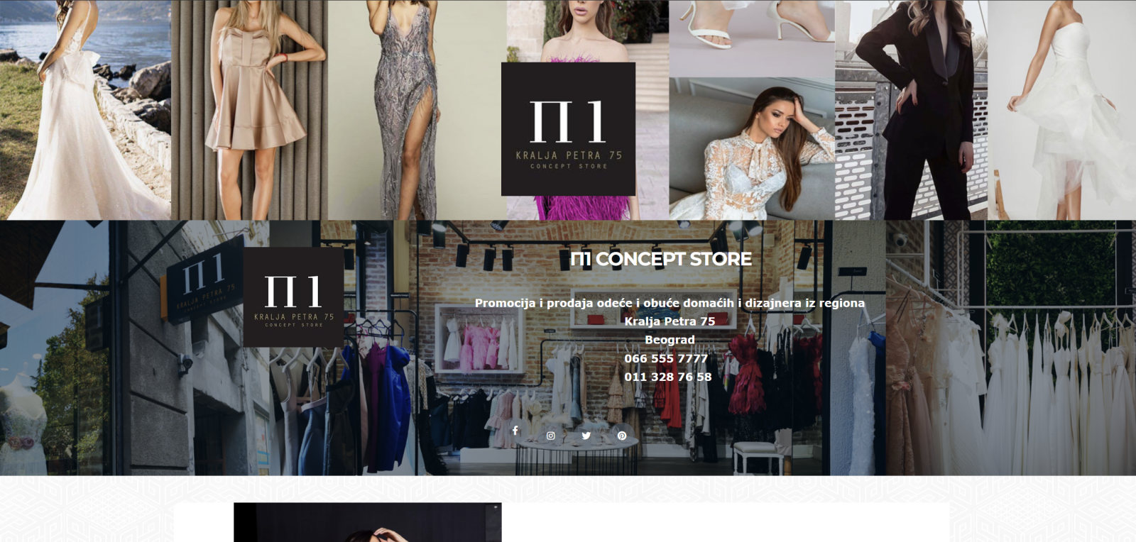 The old P1 site: a photo collage with the logo and a dark store band