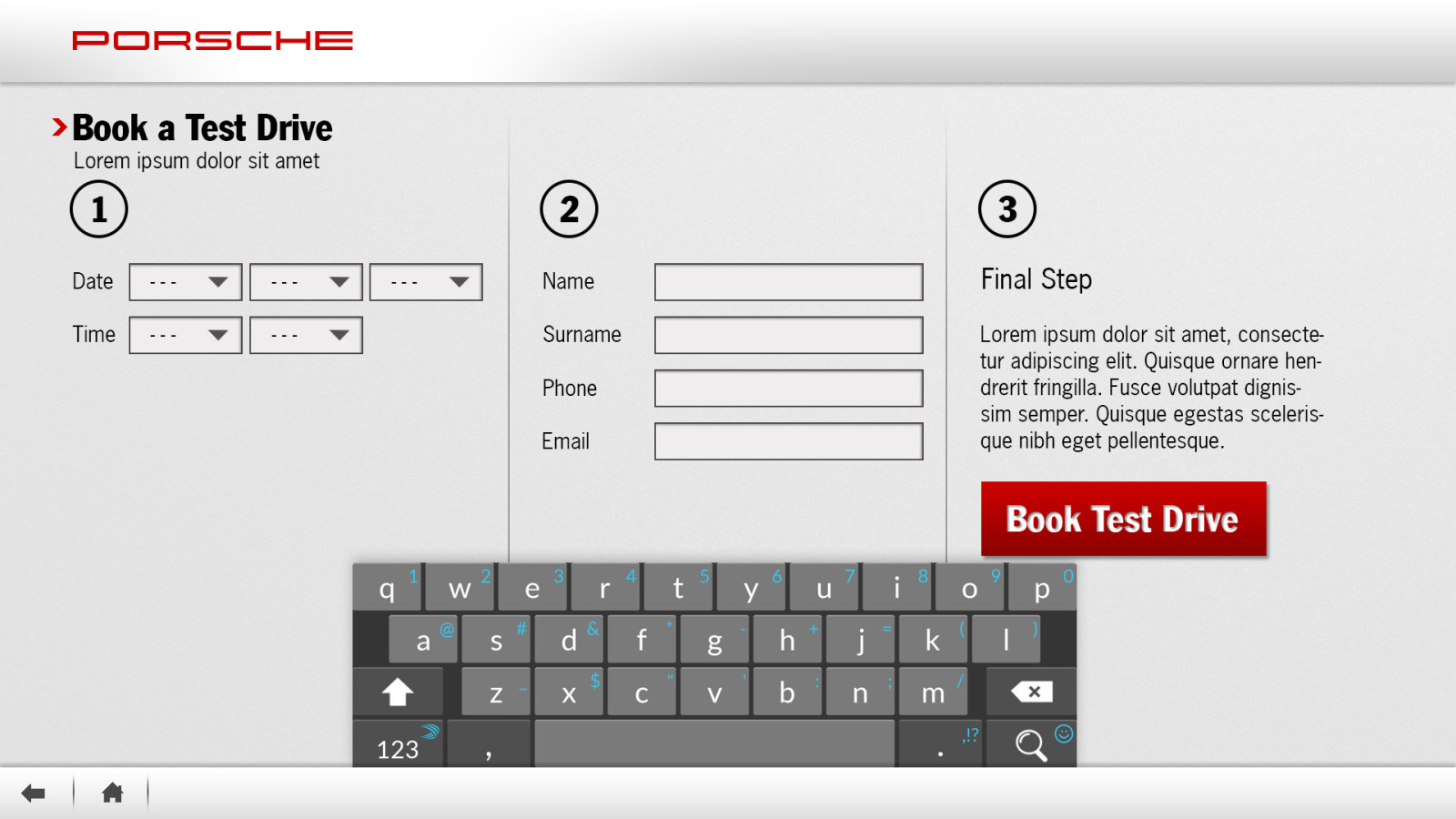 The test drive form with the on-screen keyboard