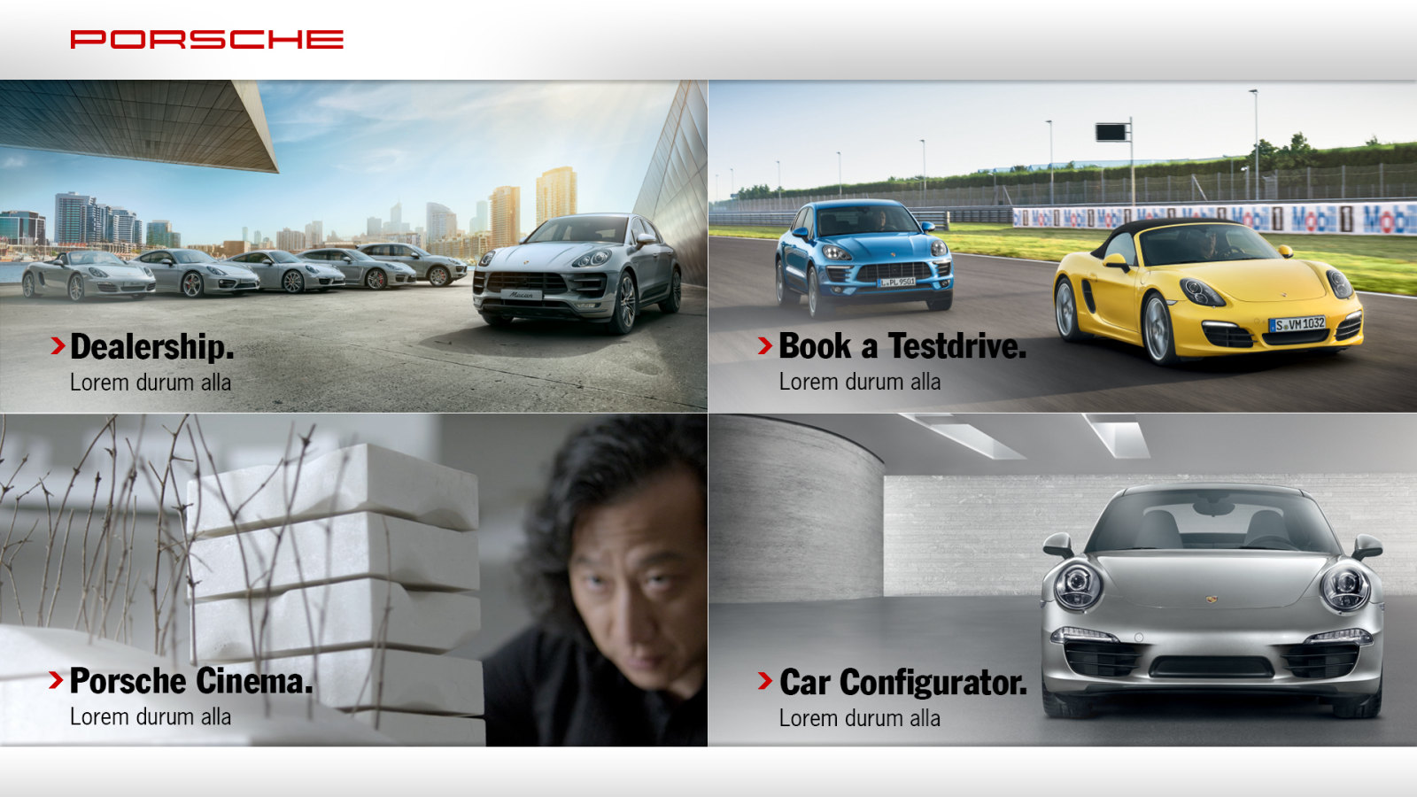 Porsche Customer Connect start screen with Dealership, Book a Test Drive, Porsche Cinema and Car Configurator