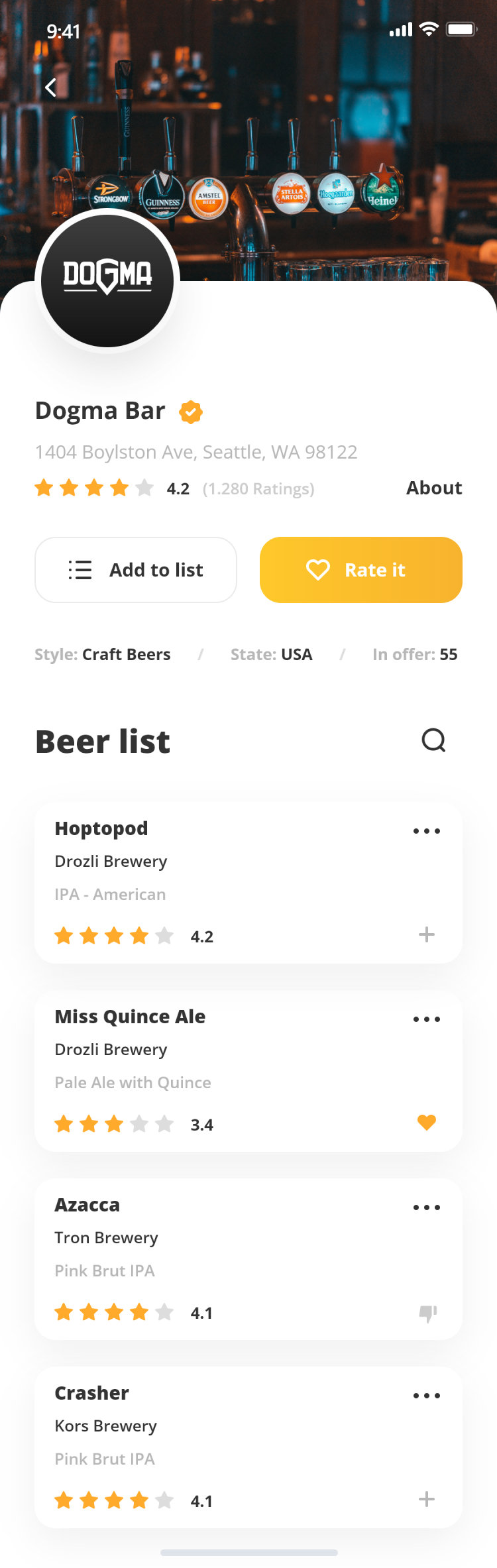 Pour Choices guest app: bar page