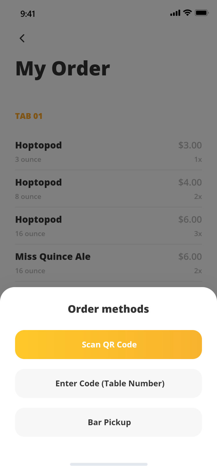 Pour Choices guest app: order methods