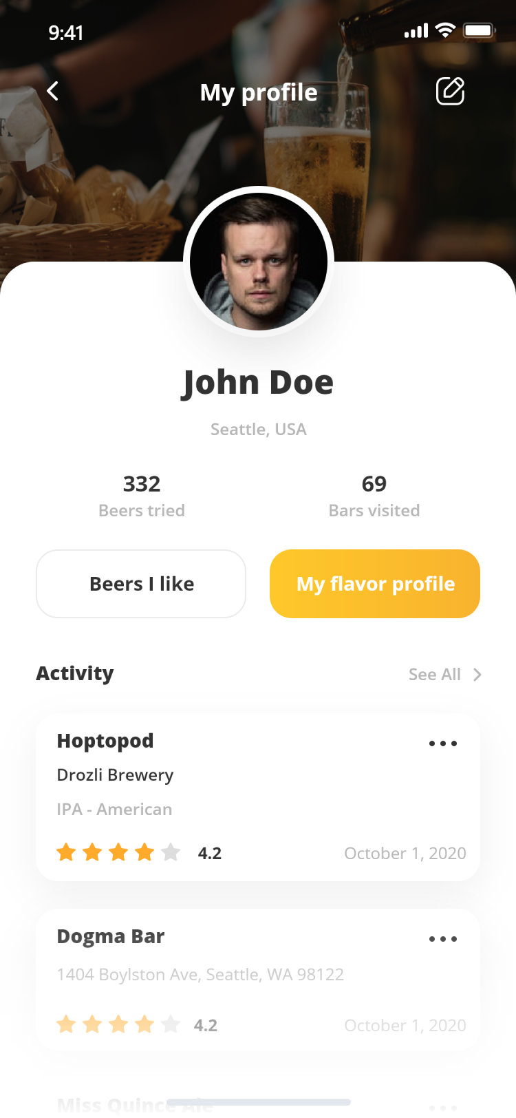 Pour Choices guest app: my profile