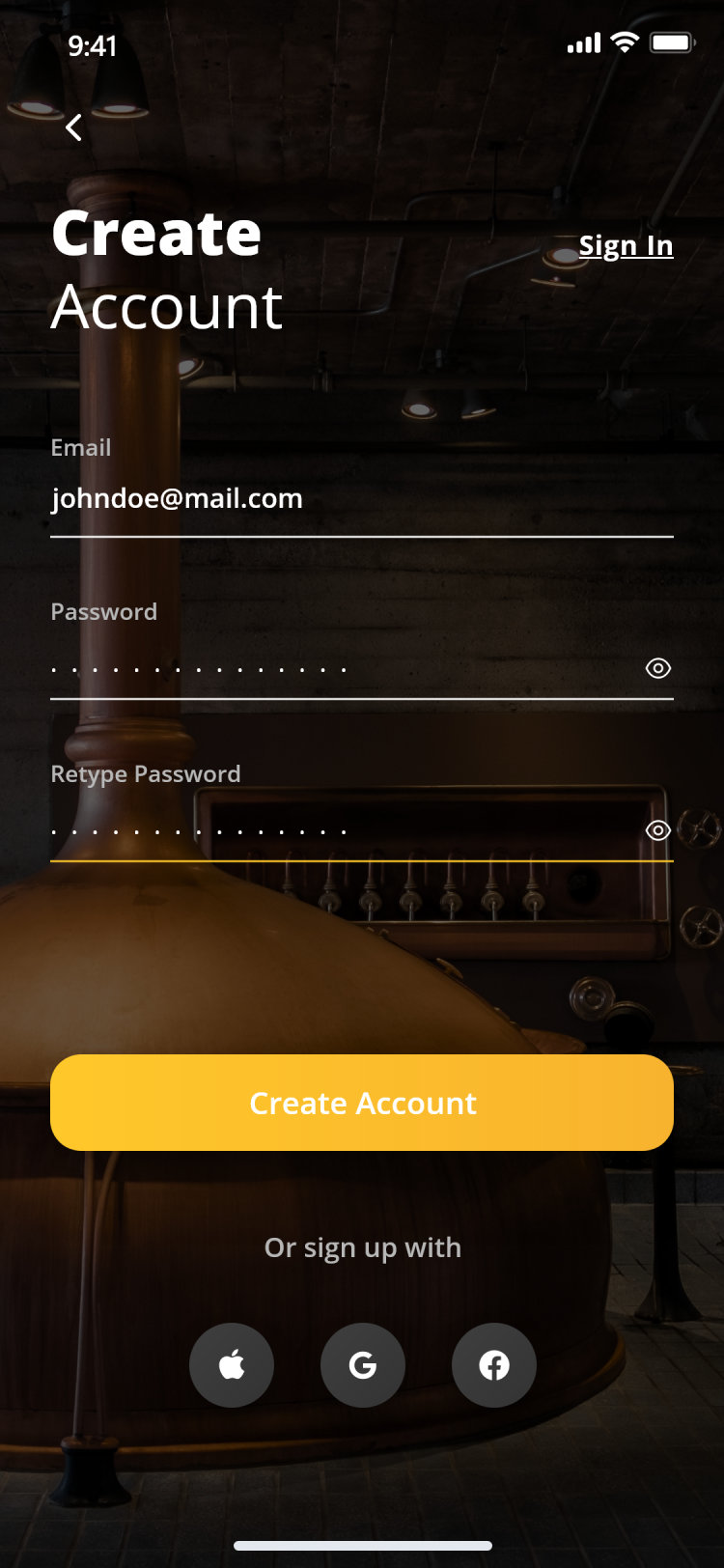 Pour Choices guest app: create account