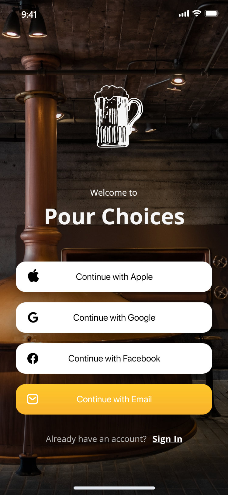Pour Choices guest app: splash