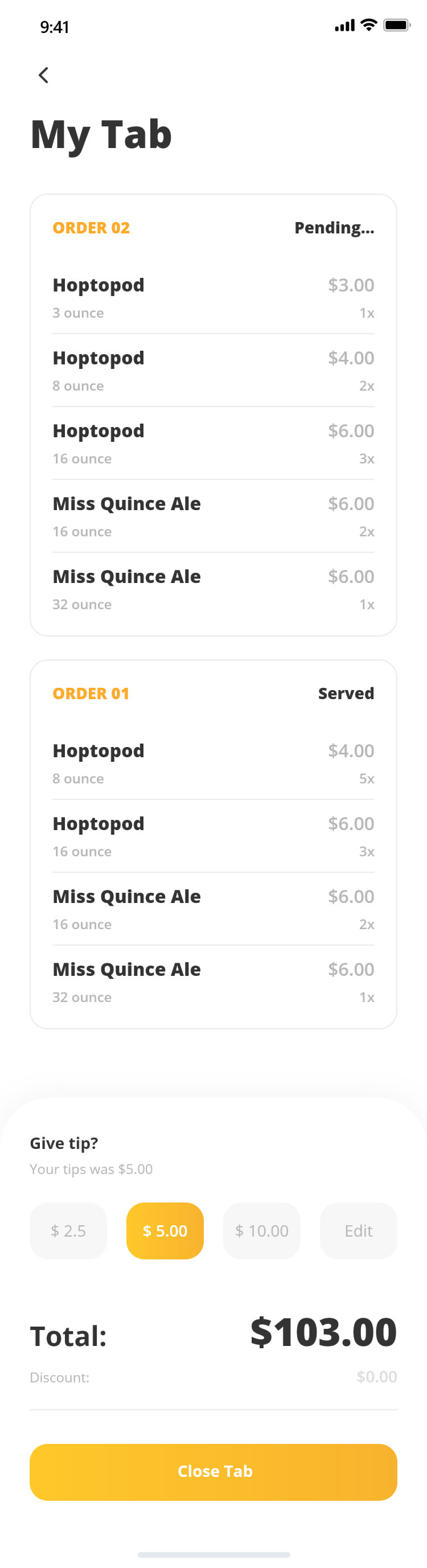 Pour Choices guest app: my tab