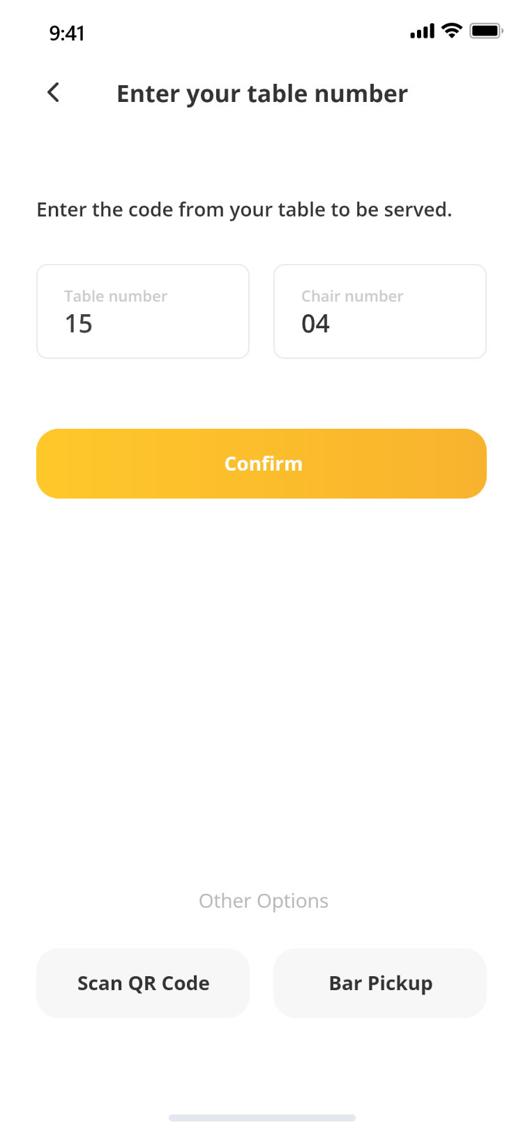 Pour Choices guest app: table number
