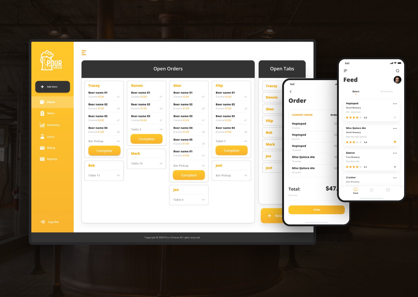 Pour Choices: the Pour Ops bar web app beside the guest app feed and order screens, over the brewery photo