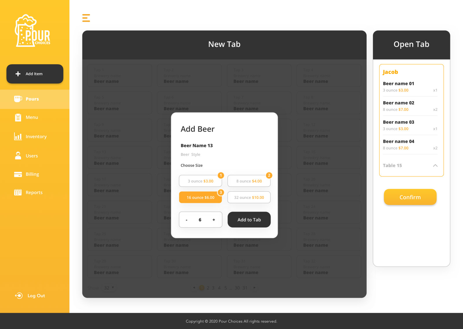 Pour Ops bar web app: add a beer to a tab