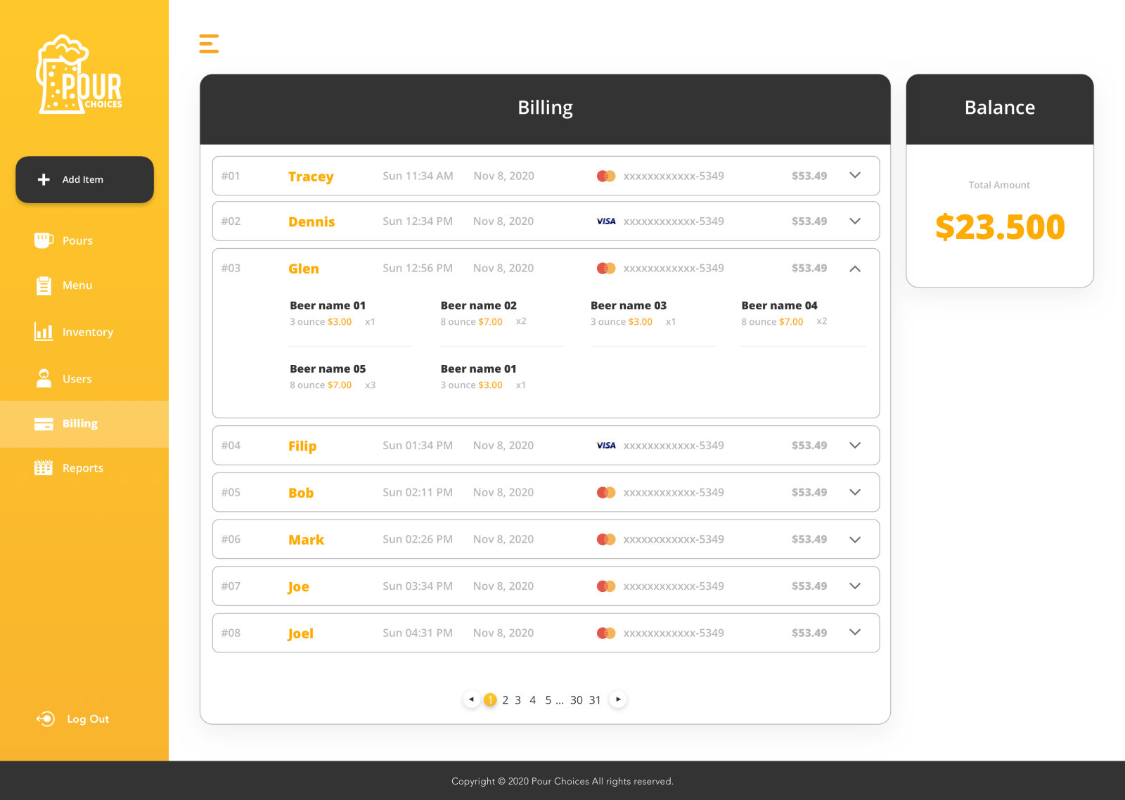 Pour Ops bar web app: billing