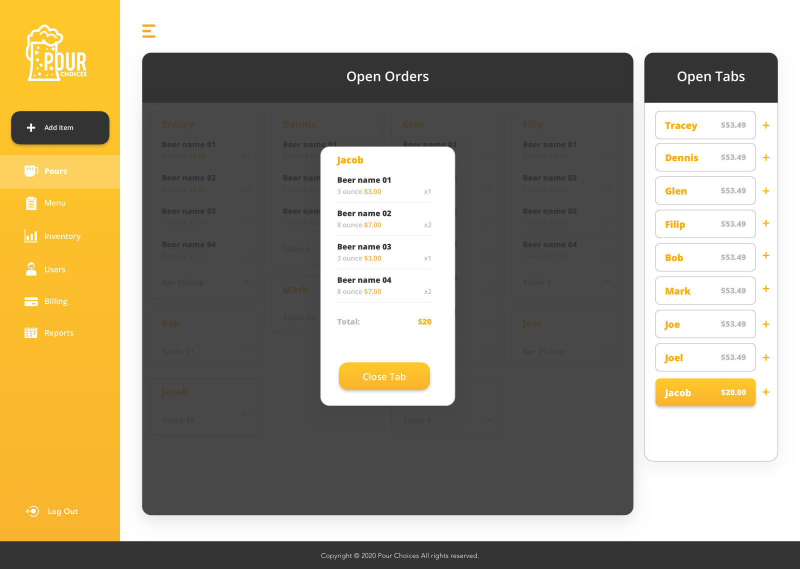 Pour Ops bar web app: close a tab