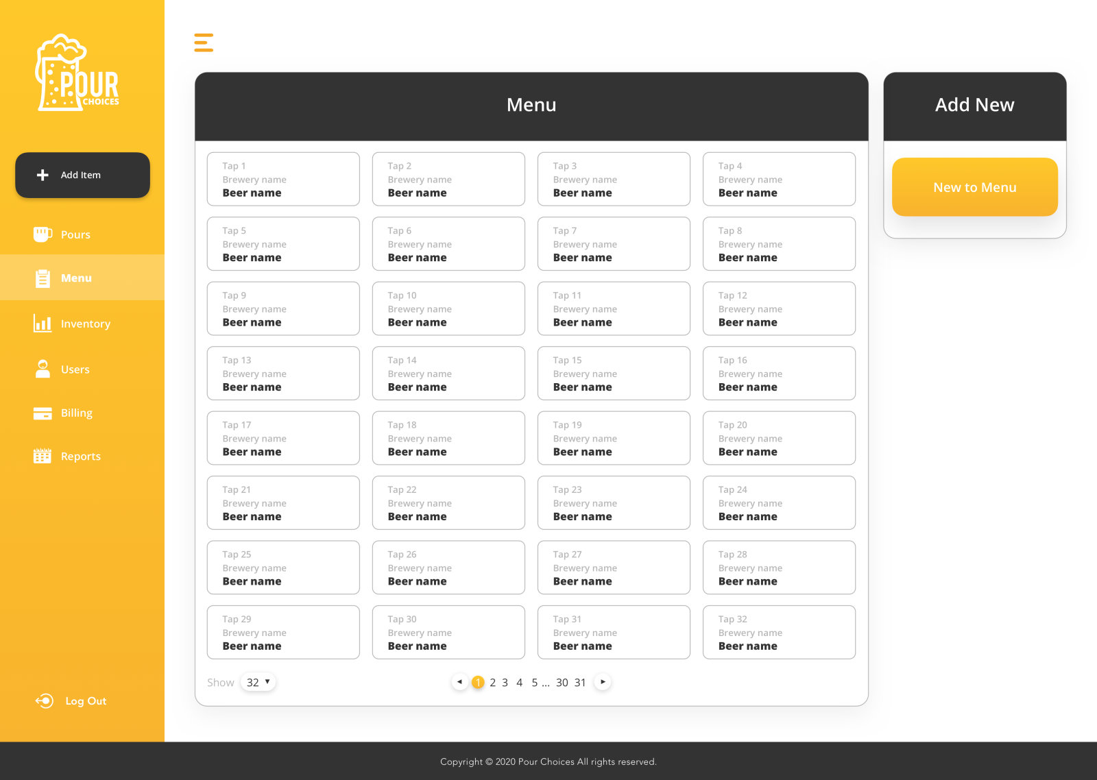 Pour Ops bar web app: menu