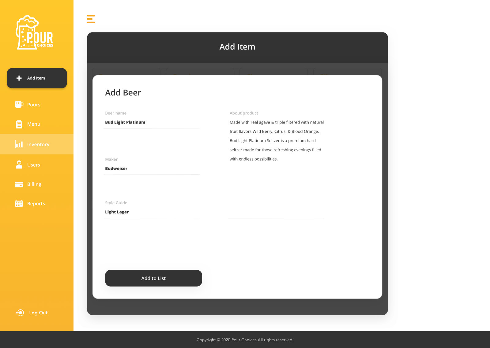 Pour Ops bar web app: add a beer to the menu