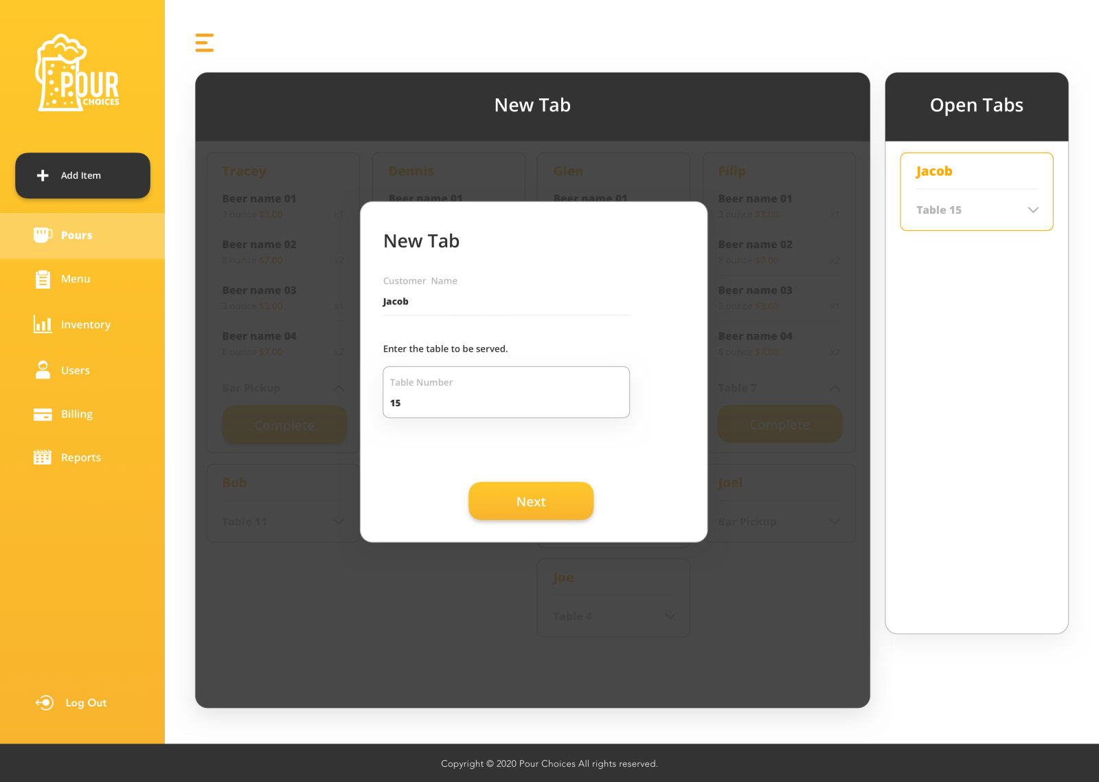 Pour Ops bar web app: new tab
