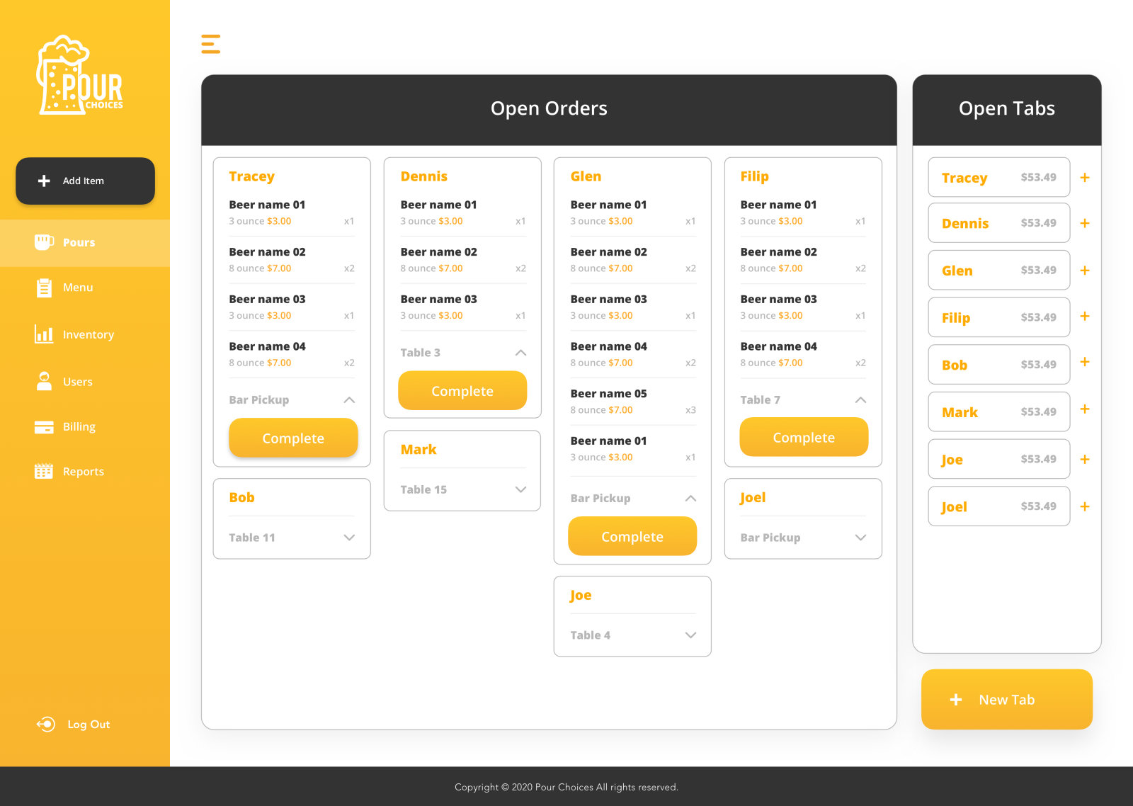 Pour Ops bar web app: open orders and tabs