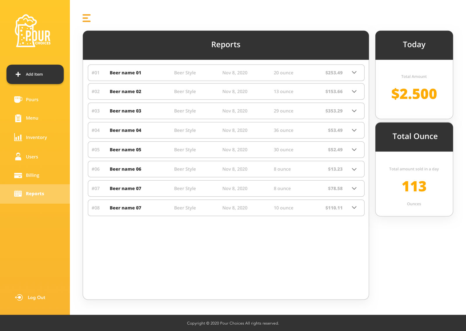 Pour Ops bar web app: reports