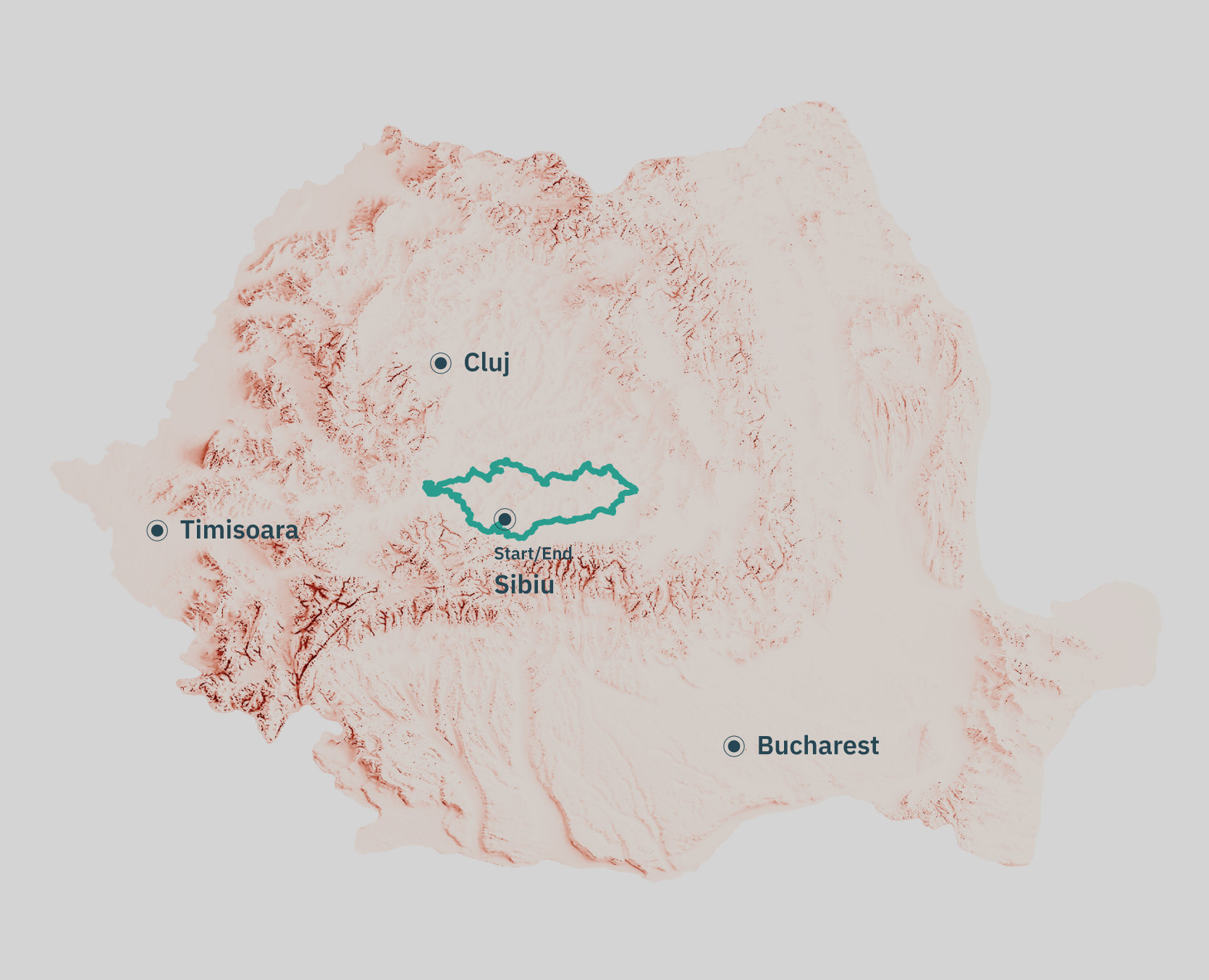 3D relief map of Romania with the Transylvania Trail loop around Sibiu
