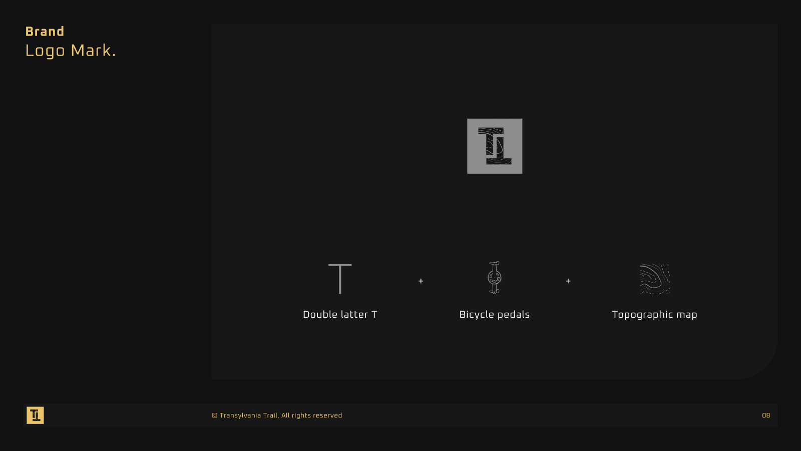 Brand guidelines, logo mark: double letter T, bicycle pedals and topographic map