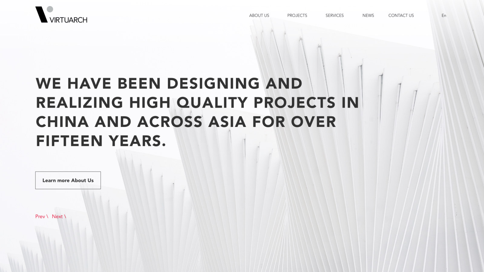 VirtuArch home page: We have been designing and realizing high quality projects in China and across Asia for over fifteen years, over a white architecture photo