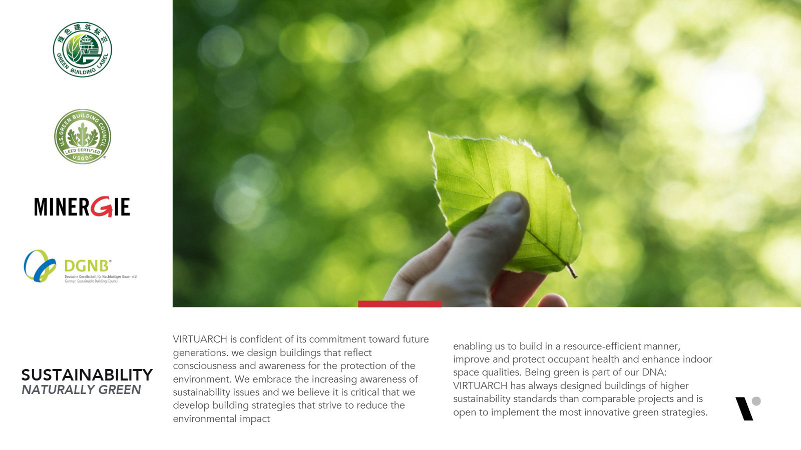 VirtuArch presentation template slide: sustainability