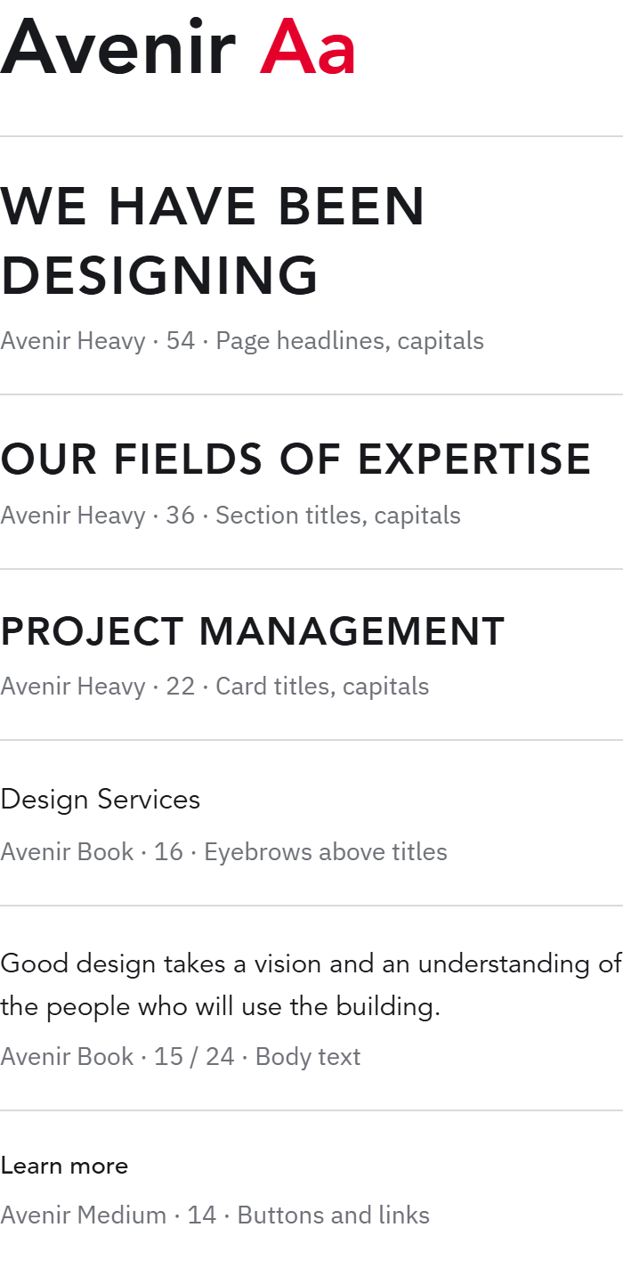 Avenir type scale for the website