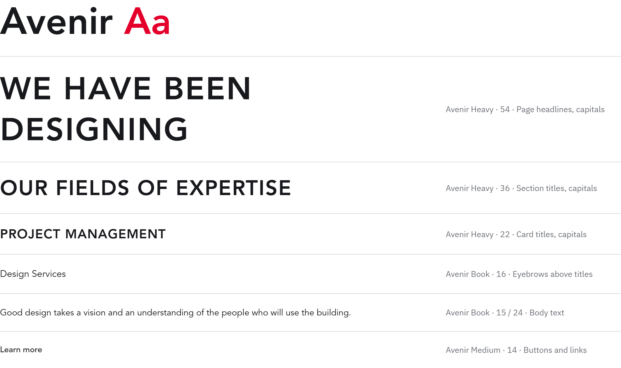 Avenir type scale: Heavy 54 page headlines, Heavy 36 section titles, Heavy 22 card titles, Book 16 eyebrows, Book 15/24 body text, Medium 14 buttons and links