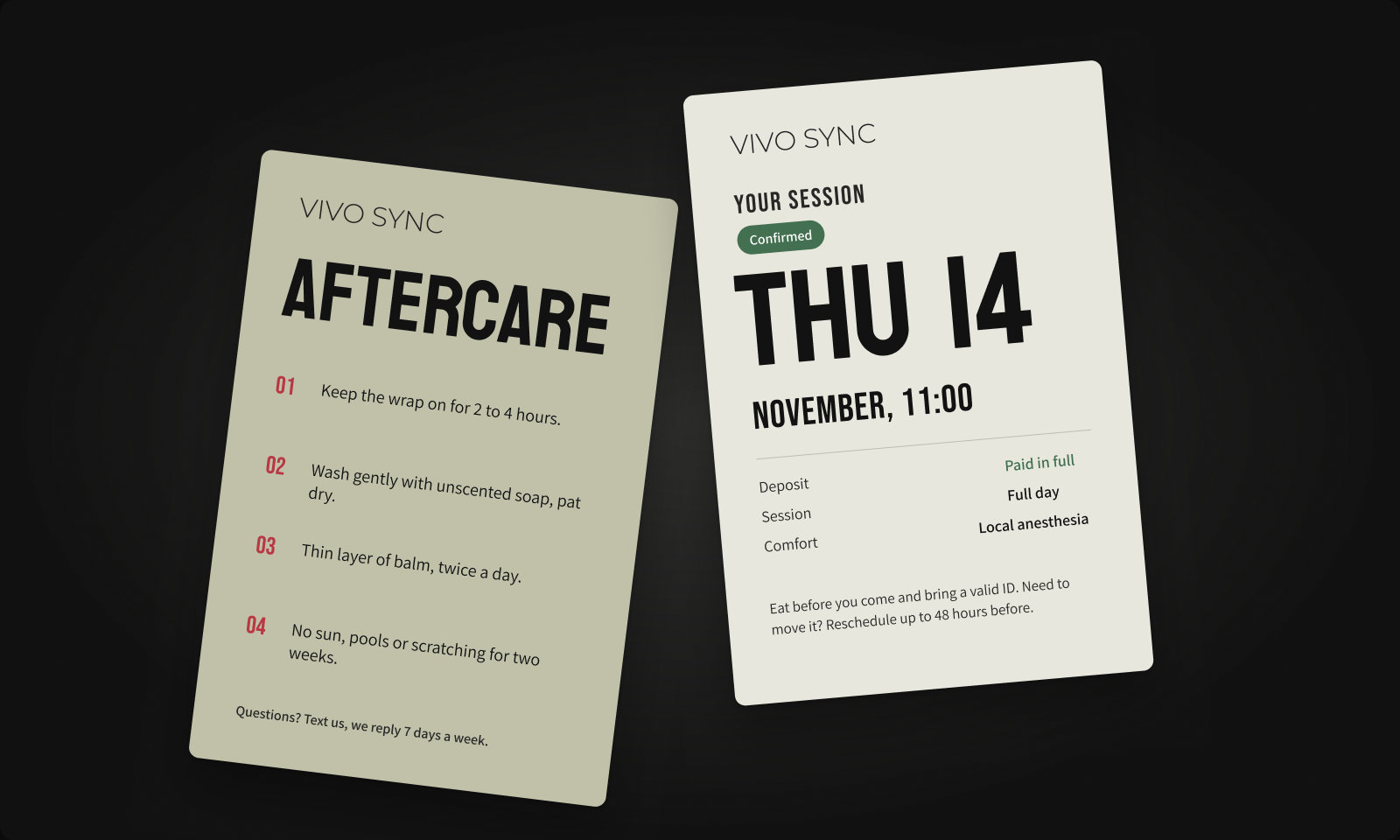 Vivo Sync appointment card and aftercare card