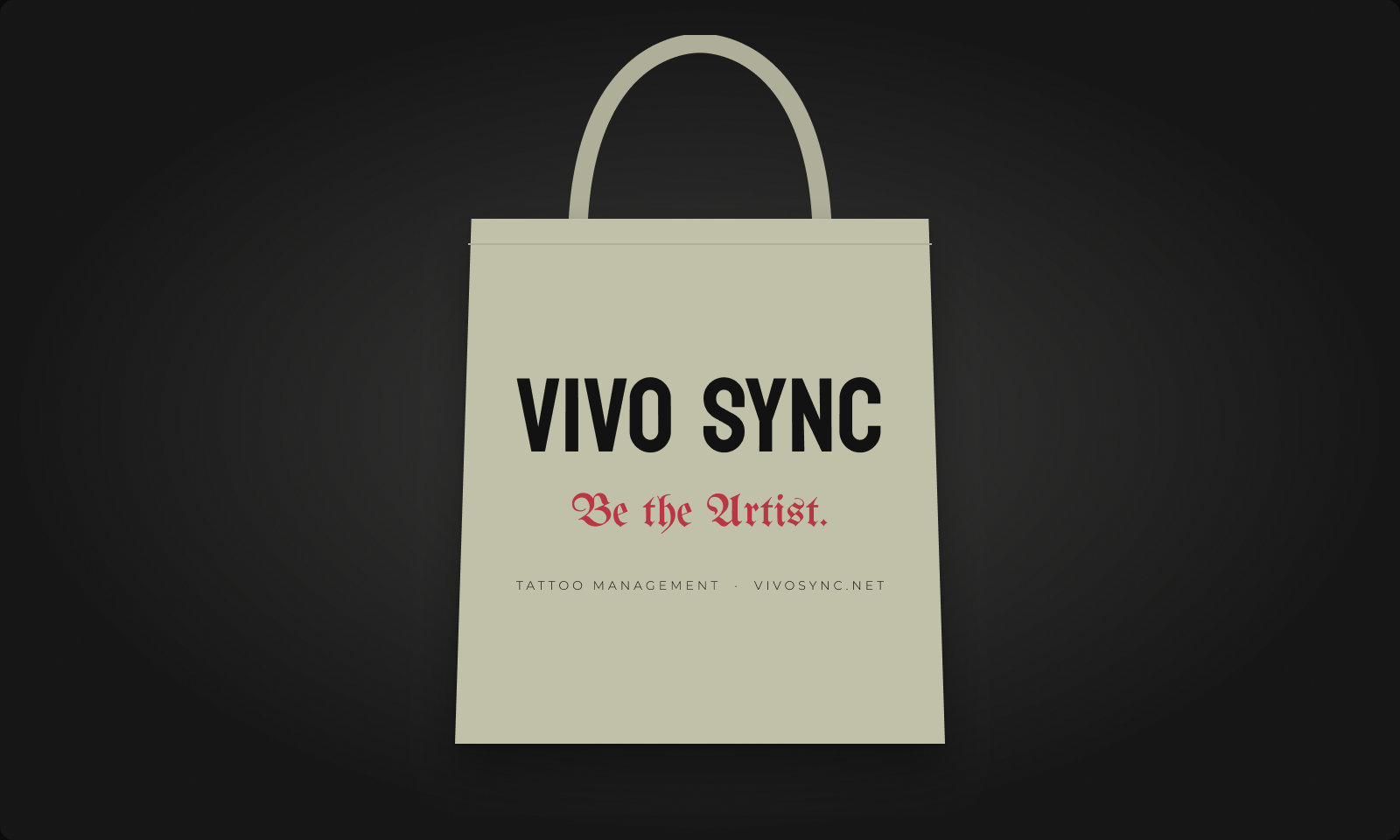 Khaki tote bag with the Vivo Sync wordmark and Be the Artist