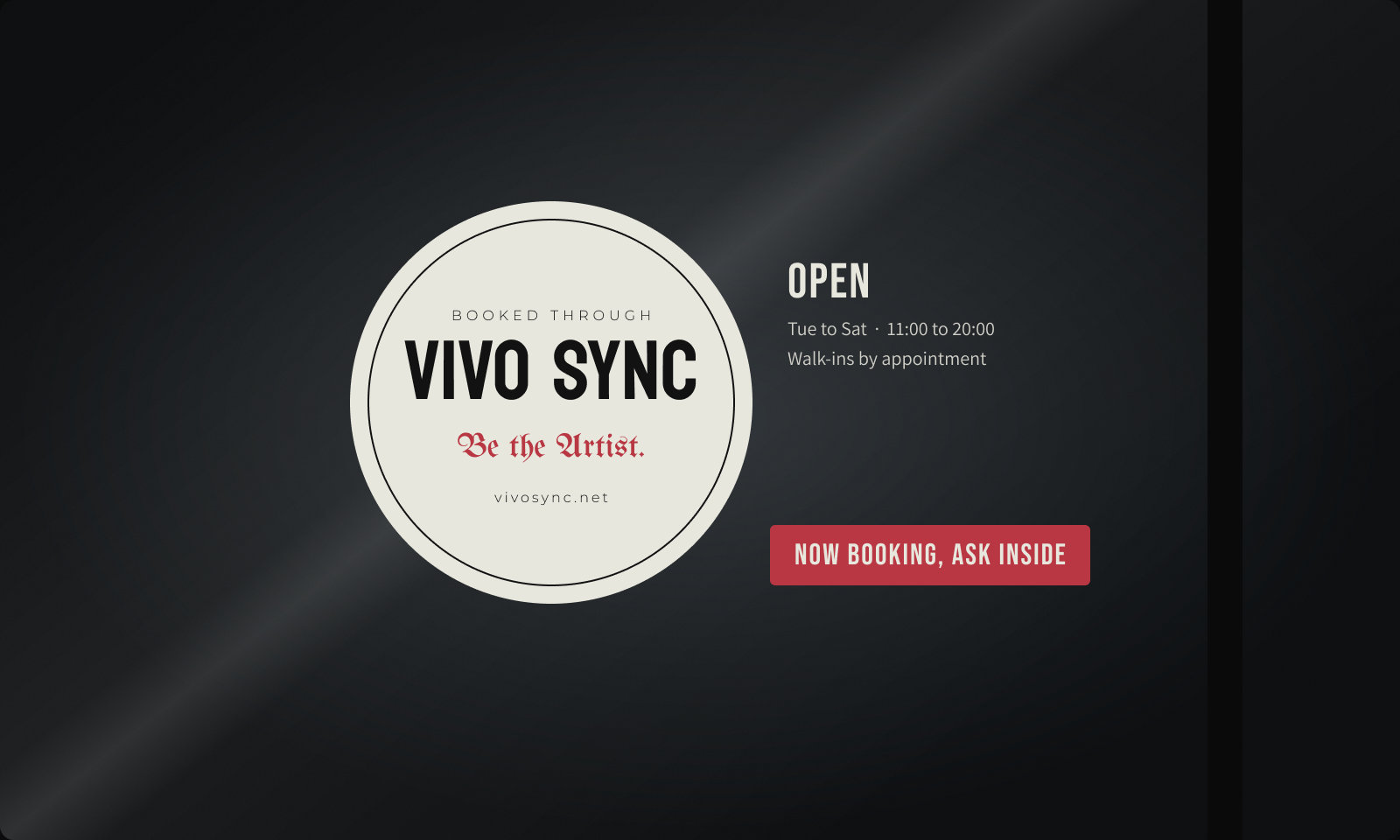 Studio window with a Booked through Vivo Sync decal