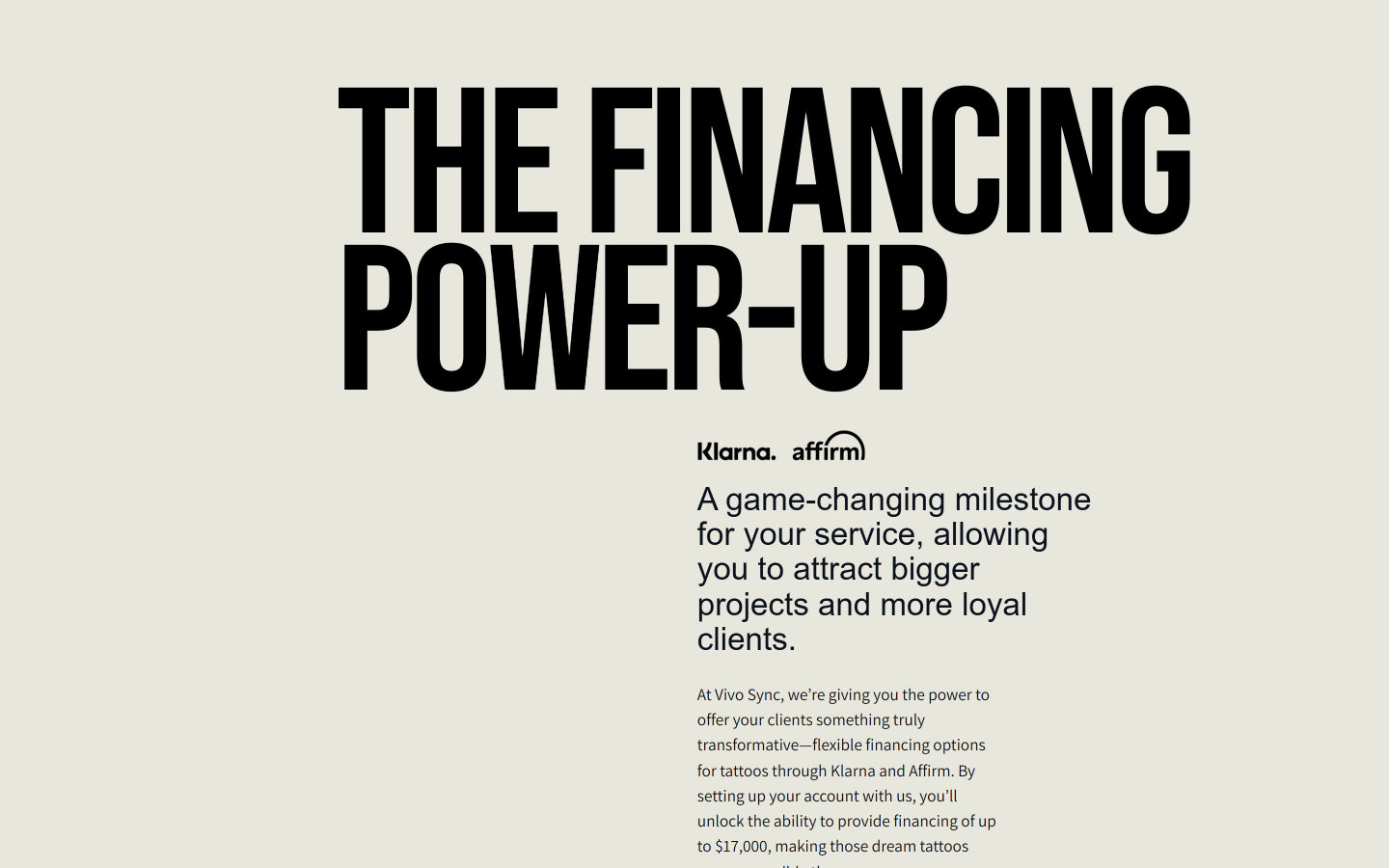 The financing power-up section with Klarna and Affirm